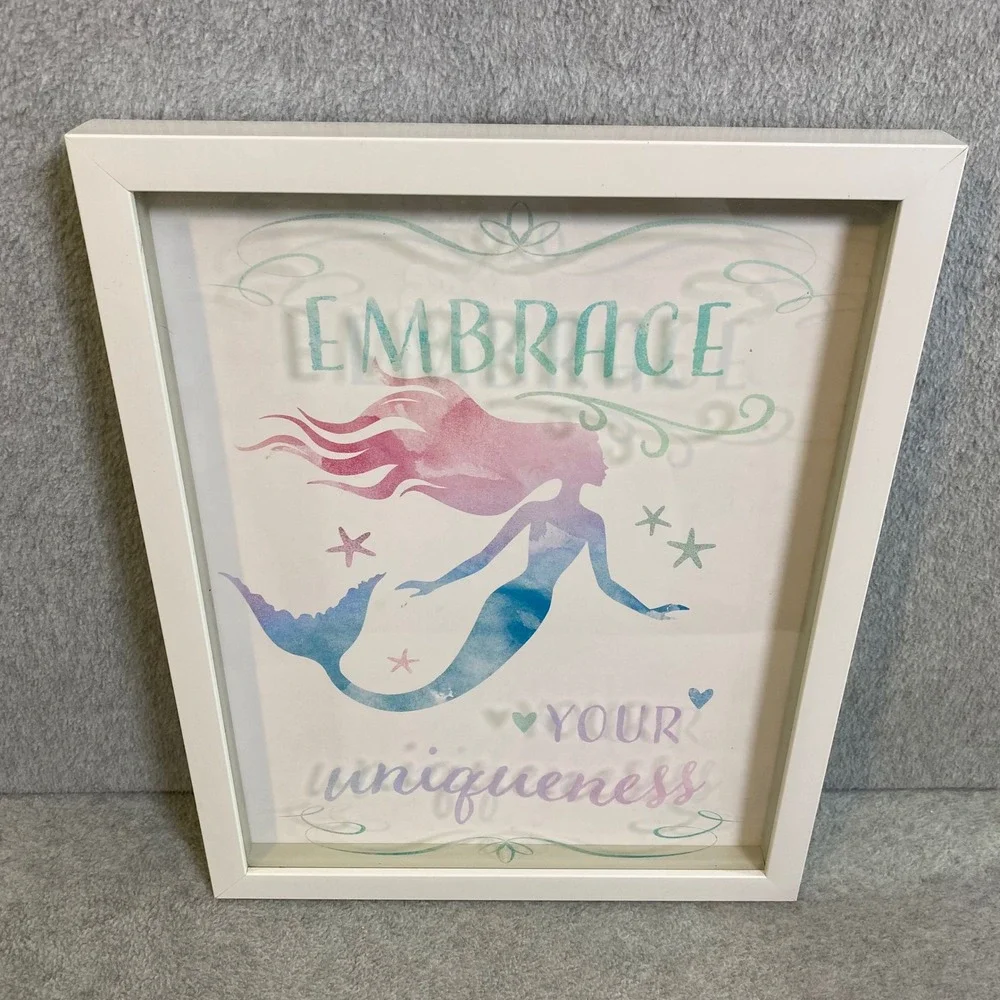 Watercolor Pastel Mermaid Wall Art 12x15 White Embrace Your Uniqueness Decor EUC
